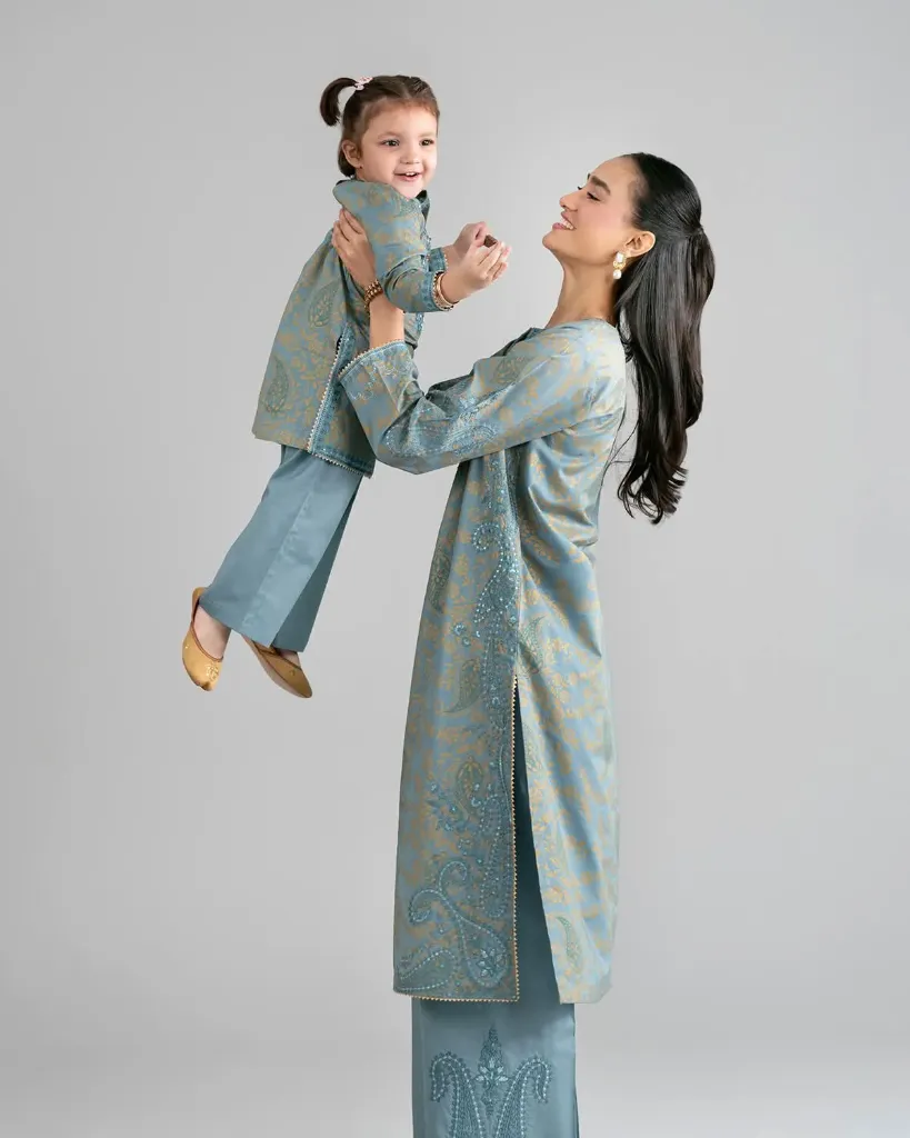 Elegant Teal & Gold Embroidered Family Outfit Set