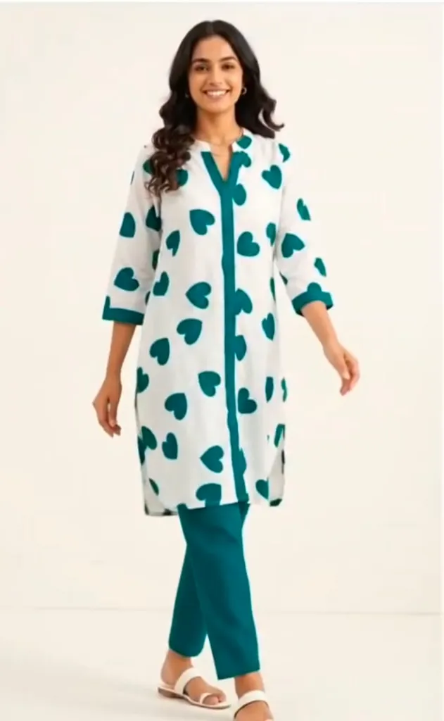 Stylish White Kurta with Teal Heart Prints, Coordinated Teal Pants Set Modern Ethnic Fusion Outfit
