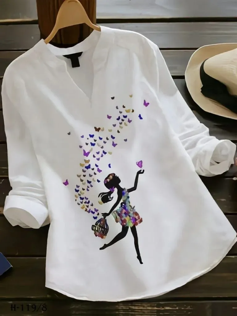 Women’s White Butterfly Print Blouse – Stylish Casual Top