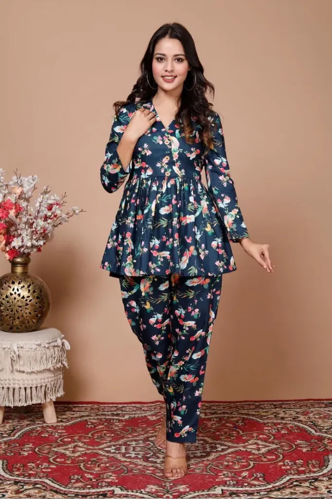 Women’s Dark Blue Floral Tunic Set with Pants