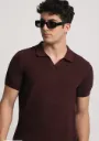 “Men’s Maroon Polo T-Shirt – Textured Knit, Stylish V-Neck”
