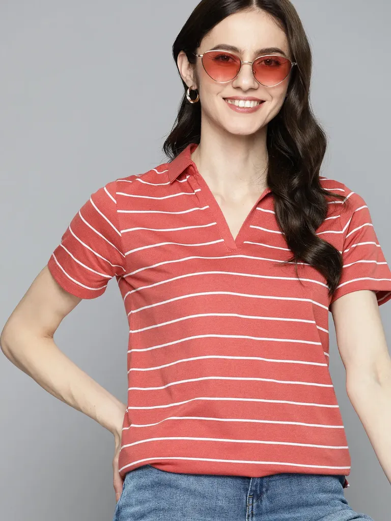 “Women’s Coral Red Striped Collared T-Shirt – Casual Cotton Wear”