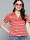 “Women’s Coral Red Striped Collared T-Shirt – Casual Cotton Wear”