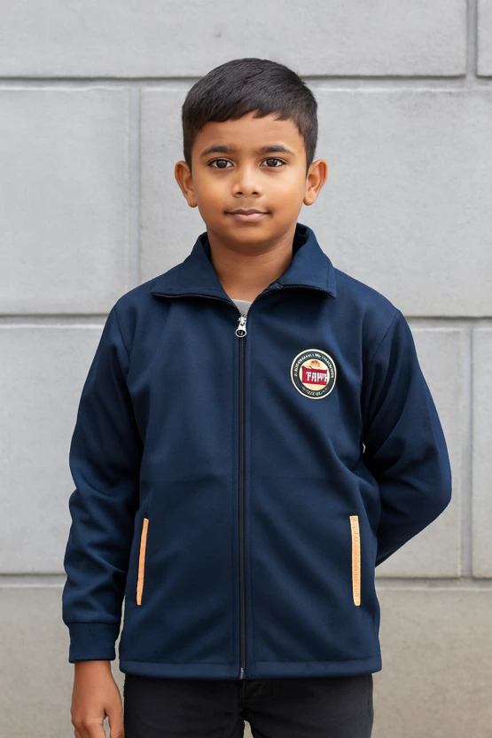 Navy Blue Zip-Up School Jacket with Patch Detailing