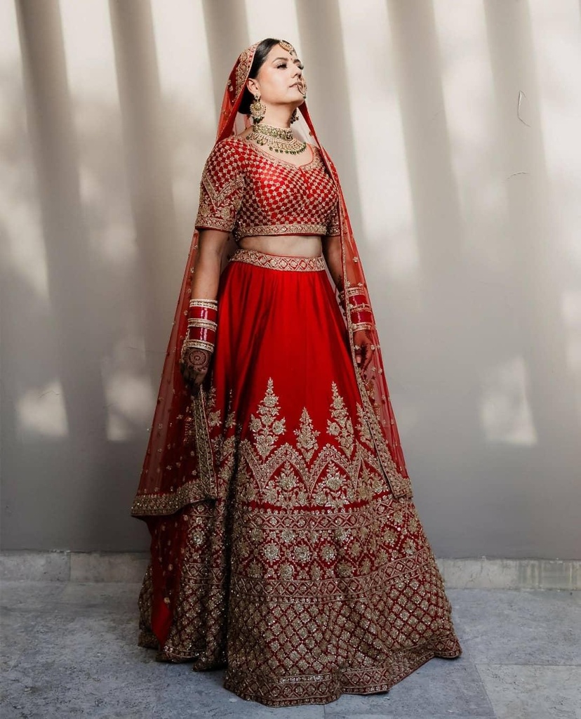 Bridal Red & Gold Embroidered Lehenga – Wedding Elegance